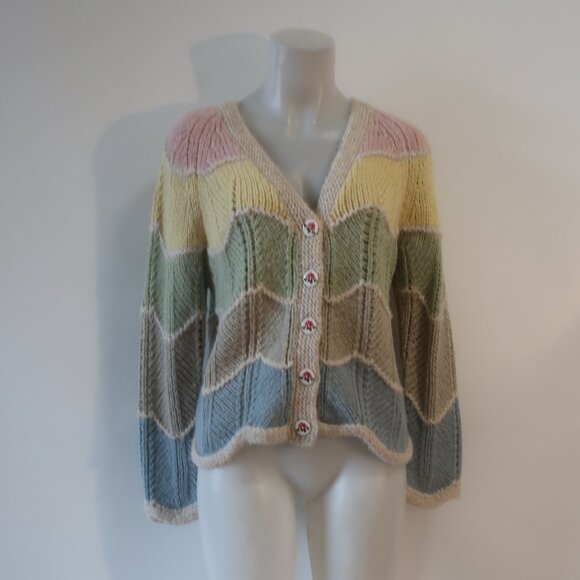 LoveShackFancy Sweaters - Womens LoveShackFancy Deena Pink-Multi Knit Cardigan Sweater M